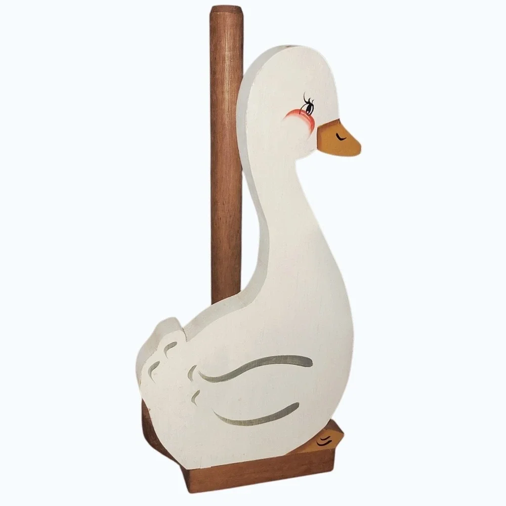 Vintage Wooden Goose Paper Towel Holder Hand Painted Country Farmhouse